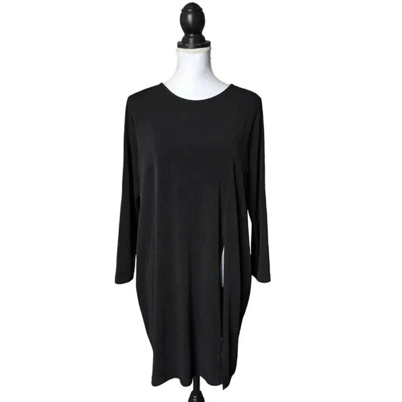 Clara Sun Woo Black Tunic Slinky Top with Side Slit Long Sleeve Large USA Made - Picture 1 of 6
